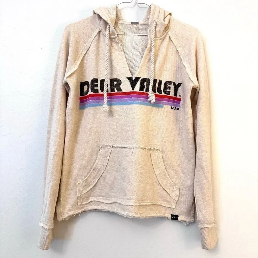 Techstyles Deer Valley Raw Edge Graphic Pullover Hoodie Cream Small
